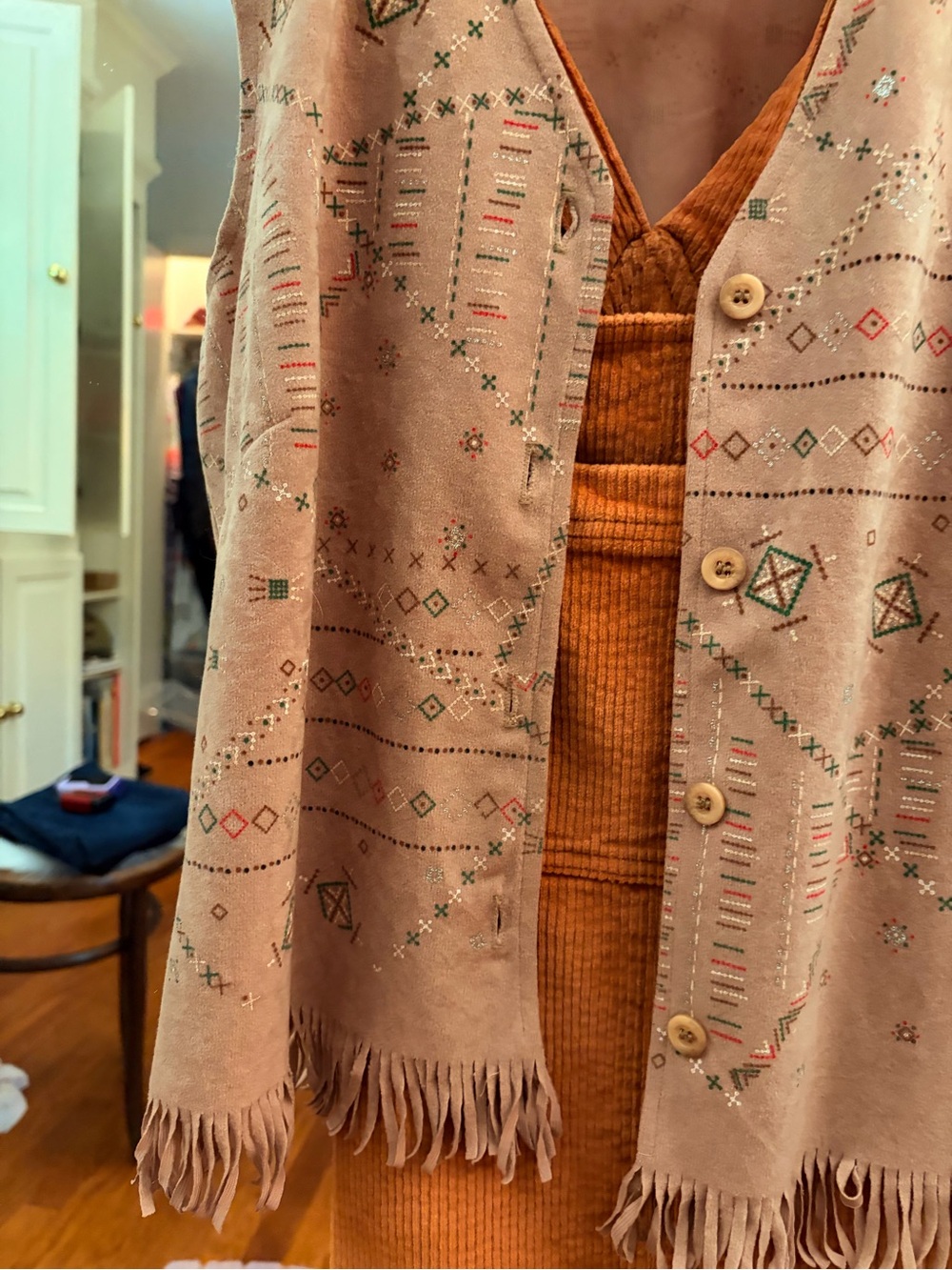 Notations Taupe Embroidered Fringe Vest